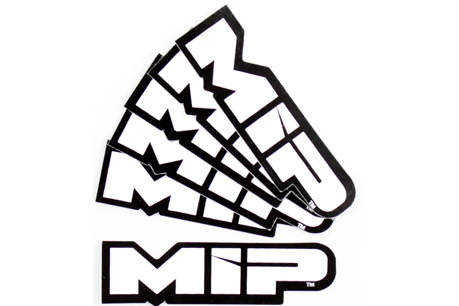 A set of six white and black MIP brand logo stickers arranged in a fan shape on a white background.