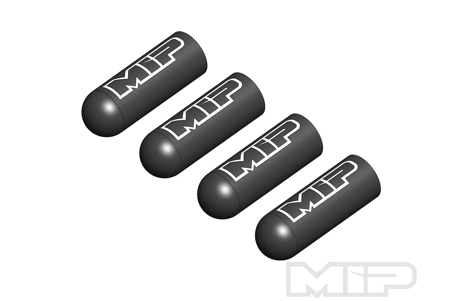 Four black cylindrical MIP driver tip caps arranged diagonally on a white background.