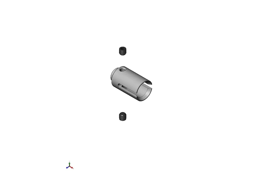 A 3D CAD rendering of an MIP C-CVD outdrive cup with two grub screws positioned above and below it.