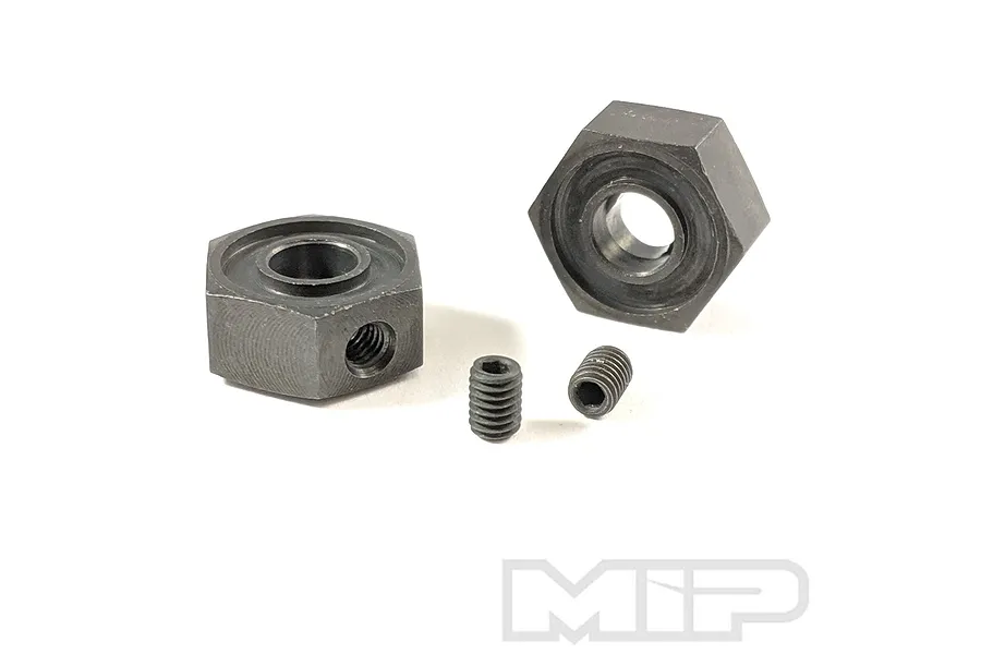 Two dark metal 12mm keyed wheel hexes and two small grub screws on a white background with the MIP logo in the corner.