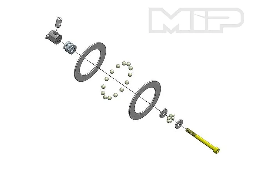 Exploded view diagram of an MIP Super Ball Diff Rebuild Kit showing various metal components, balls, and a yellow screw.