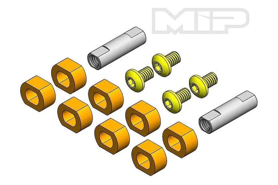 MIP C-Drive Pucks rebuild kit containing orange plastic pucks, silver metal pins, and yellow metal screws on a white background.