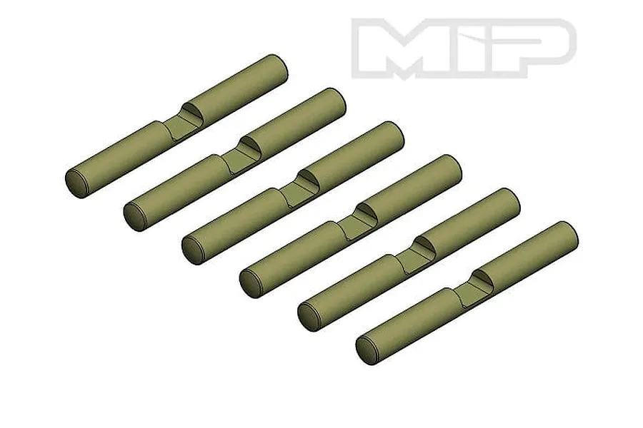 Six olive-drab cylindrical differential pins with a central notch, arranged in a diagonal row against a white background.