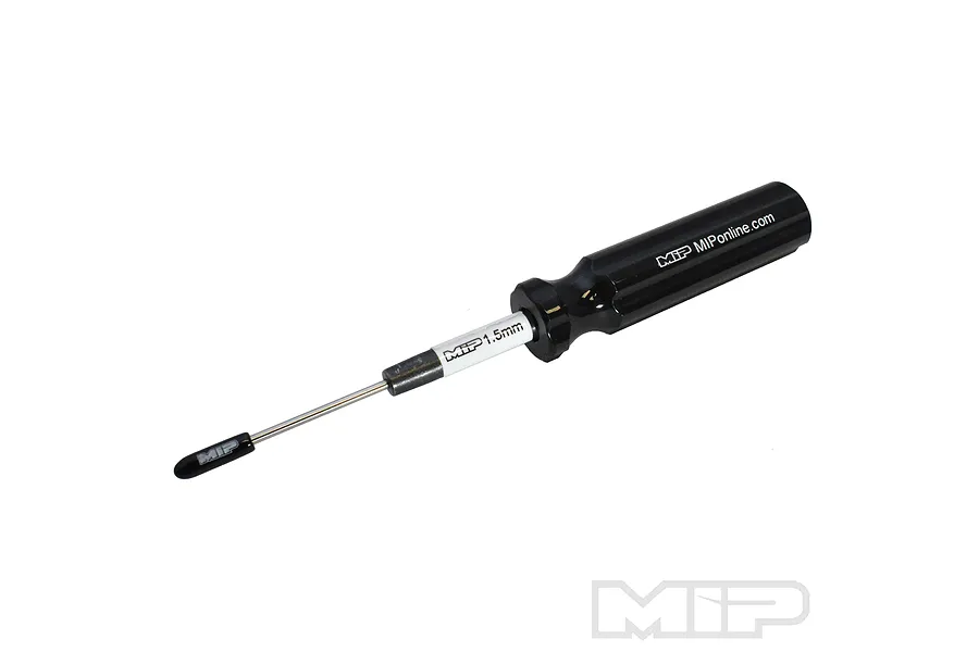 MIP 1.5mm hex driver with a black handle and a protective tip cover, isolated on a white background.