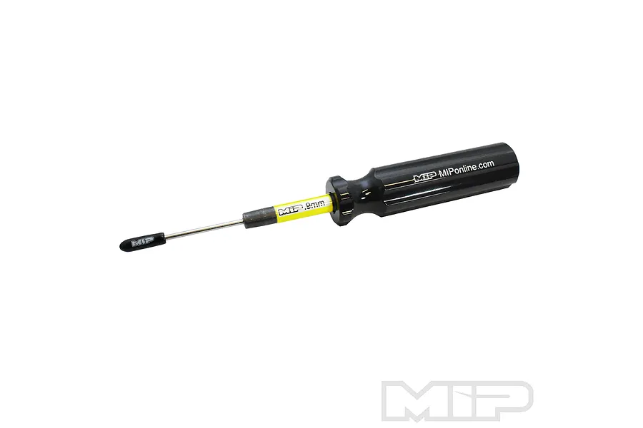 MIP 0.9mm hex driver with a black handle and yellow shaft, featuring a protective cap on the tip.