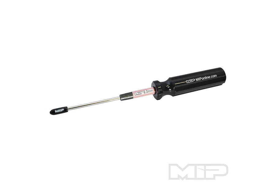 MIP 2.0mm ball end hex driver with a black handle and a white and red striped shaft, isolated on a white background.