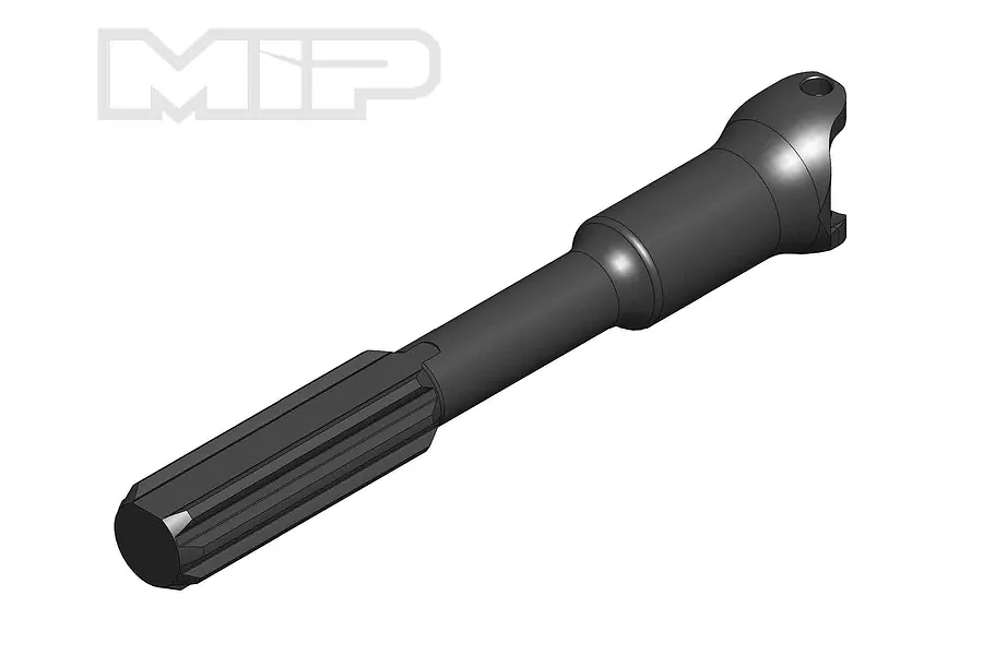 A studio shot of a black metal MIP splined male driveshaft component against a white background.