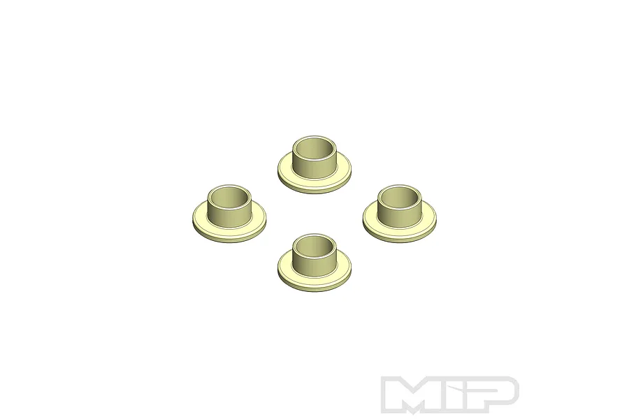 Four small, light-colored plastic flanged washers or bushings arranged in a diamond pattern on a white background.