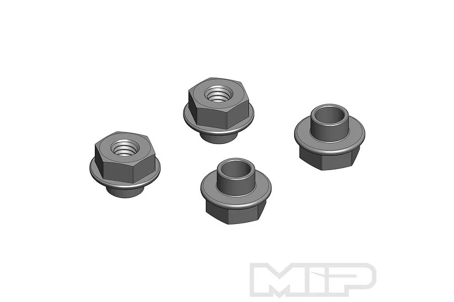 Four grey metal stop washers for RC shock absorbers by MIP, shown in a 3D rendered style.