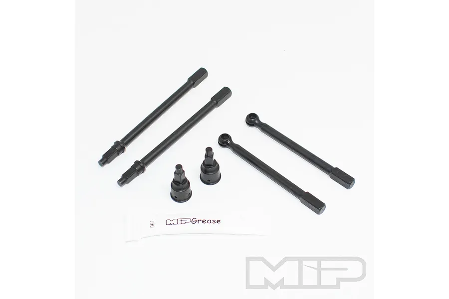 MIP HD CVD driveshaft set components including shafts, couplers, and a tube of MIP grease on a white background.