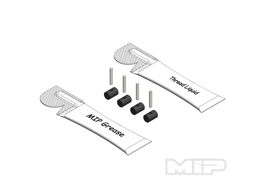 MIP HD CVD Rebuild Kit containing two small tubes of lubricant, four metal pins, and four small black cylindrical components on a white background.