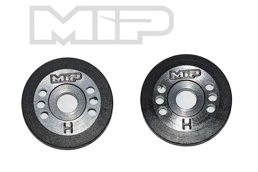 Two black and silver MIP shock pistons with 10 holes, shown against a white background with the MIP logo above.