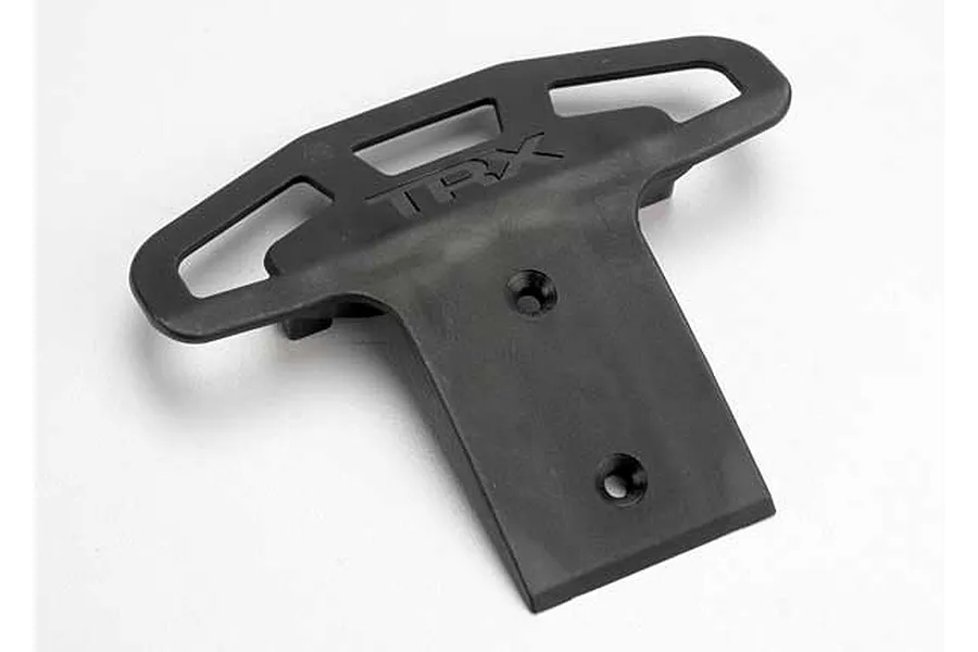 A black plastic Traxxas front bumper for an RC car, featuring a T-shaped design with two mounting holes and the TRX logo embossed on the top surface.