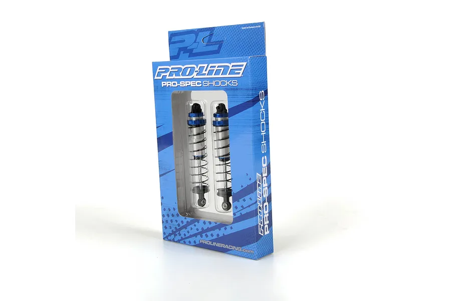 Pro-Line Pro-Spec assembled shock absorbers in blue and silver retail packaging.