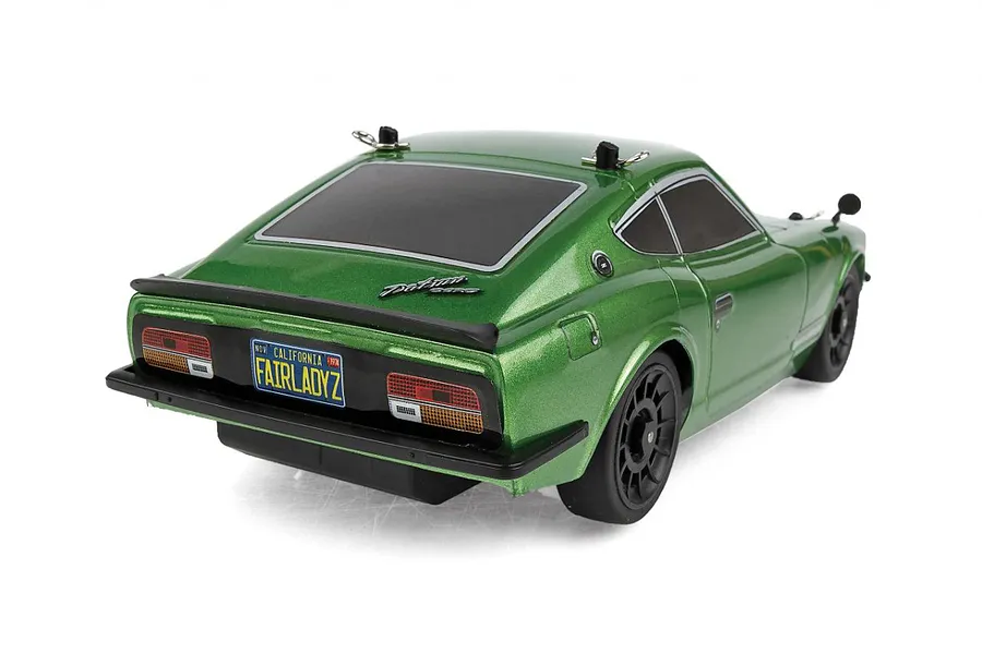 Rear three-quarter view of a metallic green Team Associated SR27 Datsun 240Z RC car on a white background.