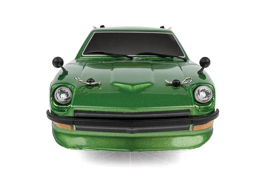Front view of a green Team Associated SR27 Datsun 240Z RC car on a white background.