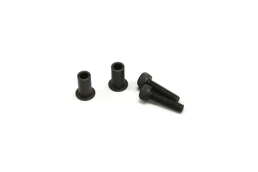 Kyosho long king pin set including two black metal bushings and two black socket head screws on a white background.