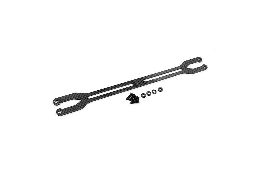 A carbon fibre upper deck for an RC car, accompanied by four small black screws and four small black washers on a white background.