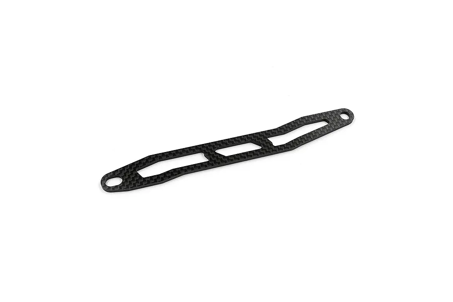 A carbon fibre battery plate for RC cars by Yeah Racing, featuring a lightweight, skeletonized design with two mounting holes.