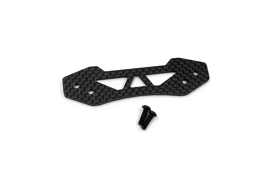 A carbon fibre bumper plate for an RC car with two included black screws on a white background.