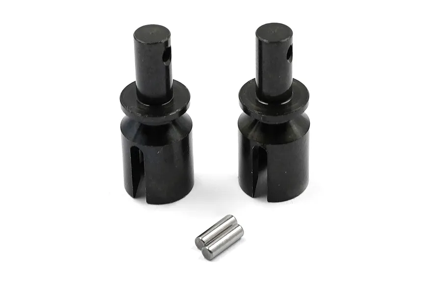 Two black steel differential cups and two small metal pins for RC cars, isolated on a white background.