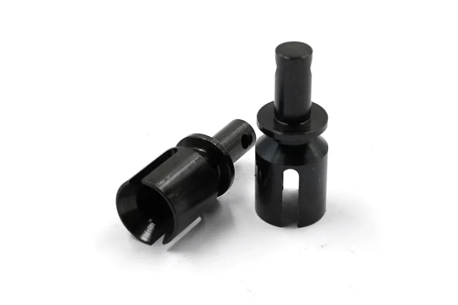 Two black steel differential outdrive cups for RC cars, shown against a white background.