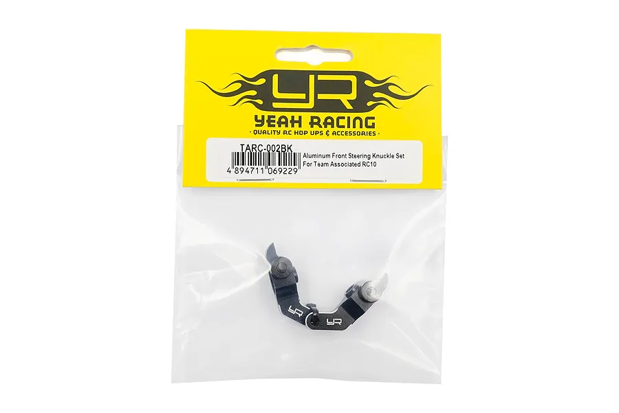 Yeah Racing black aluminium steering knuckles for Team Associated RC10 in original yellow and clear plastic packaging.