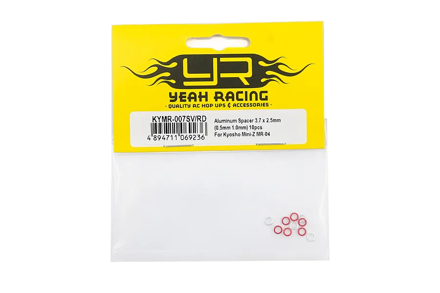 A pack of Yeah Racing aluminium spacers for Kyosho Mini-Z MR-04, featuring silver and red washers in a clear plastic bag with a yellow header card.