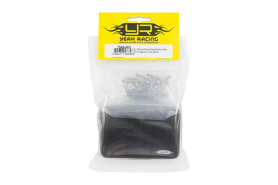 Yeah Racing titanium screw kit for Kyosho Turbo Optima in a clear plastic bag with a yellow header card and a black storage box.