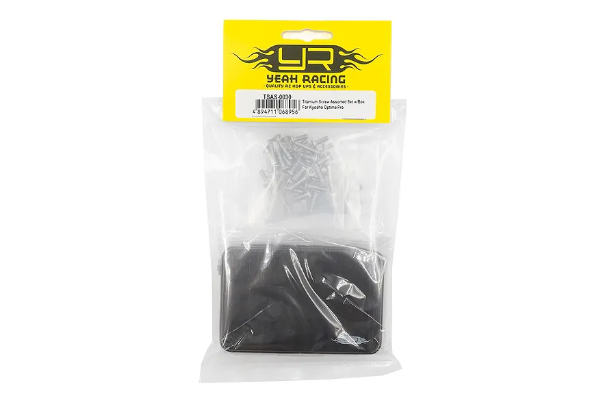 Yeah Racing titanium screw kit for Kyosho Optima Pro, featuring a plastic storage box and assorted screws in a branded retail bag.
