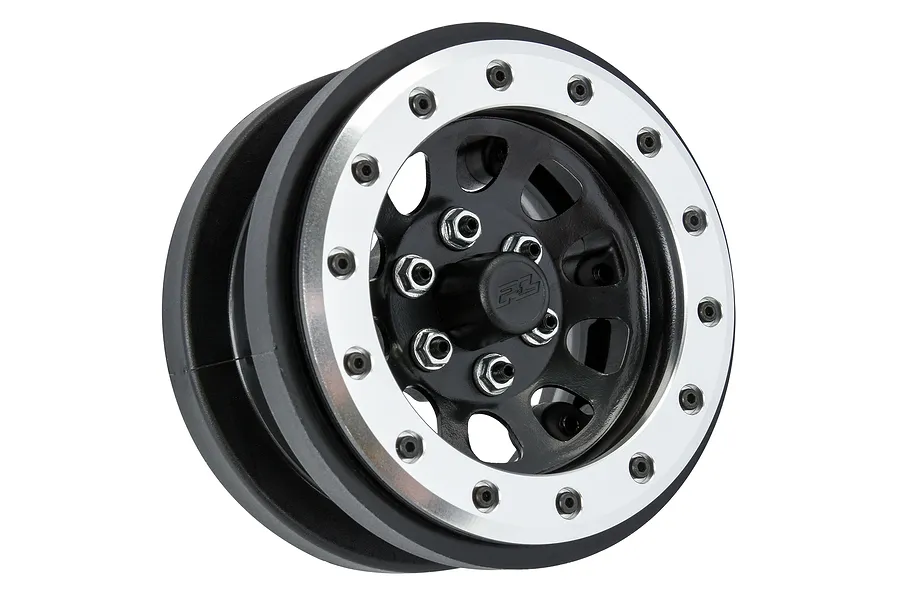 A single Pro-Line 2.9 inch Steelies RC wheel rim featuring a black center, silver beadlock ring, and black hardware against a white background.