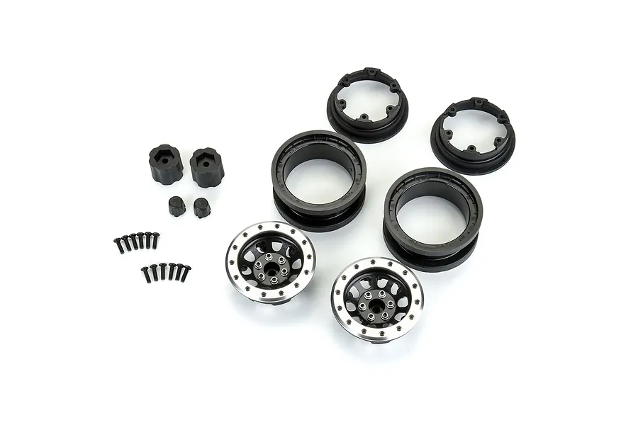 Pro-Line 2.9 inch Steelies Dual Off-Set Rims kit including two assembled wheel faces, two inner barrels, two outer rings, hex hubs, and mounting screws.