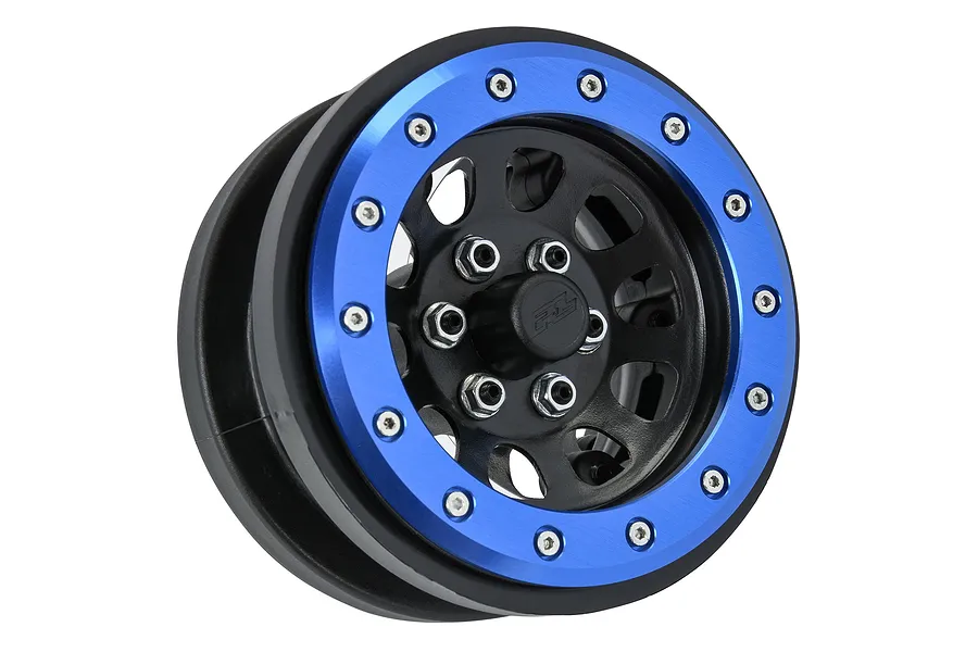 Pro-Line 2.9 inch Steelies dual offset RC rim in blue and black finish, featuring a beadlock style design.
