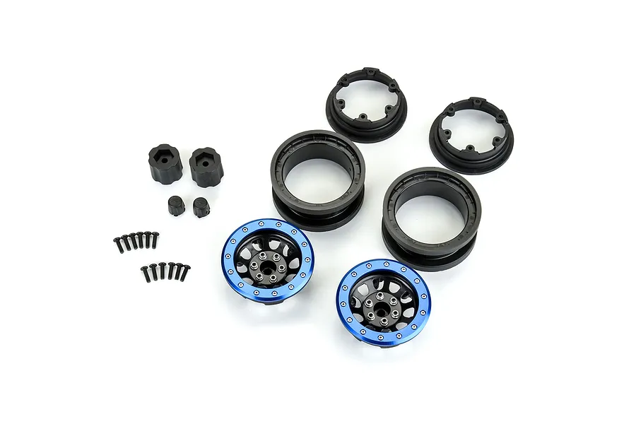 Pro-Line 2.9 inch Steelies dual offset RC wheel components including blue and black rims, hubs, and hardware on a white background.