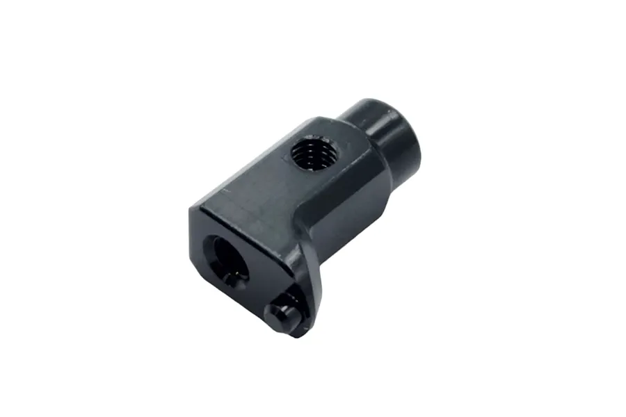 A black anodized aluminium RC battery stopper or top deck post mount component on a white background.