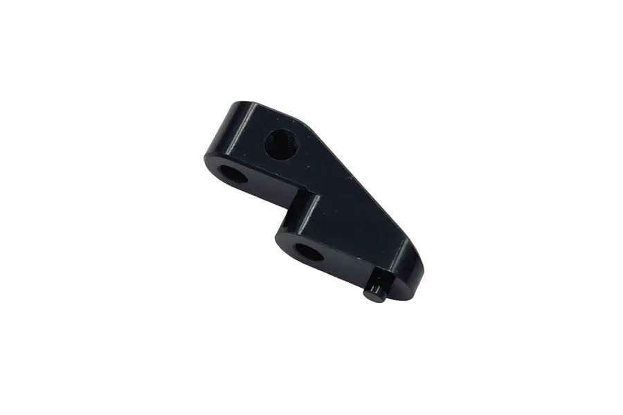A black anodized aluminium RC servo mount bracket with multiple mounting holes and a small locating pin.