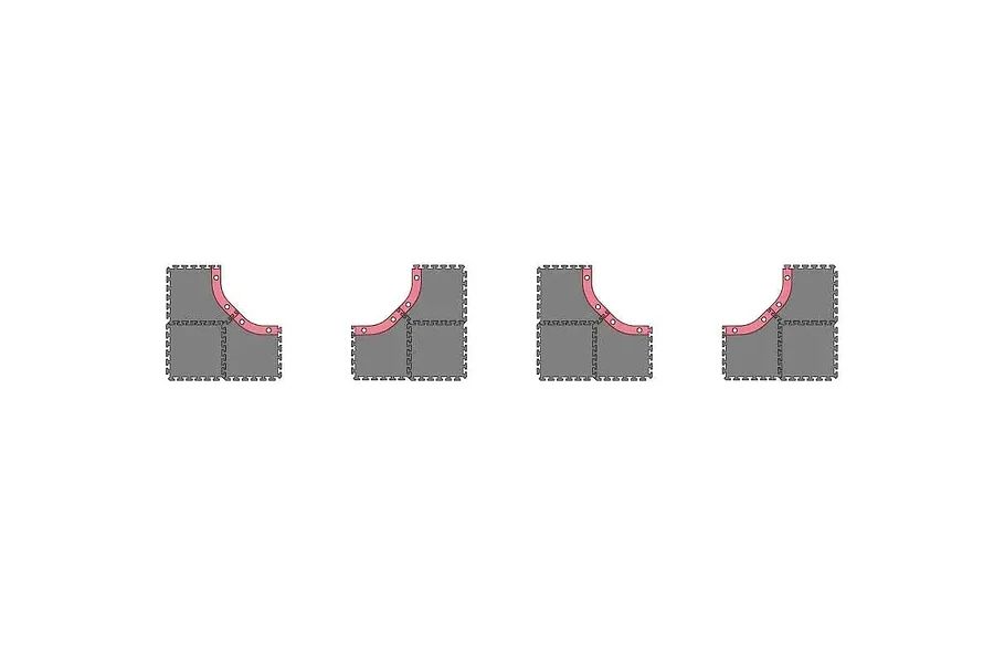 Four corner track pieces for a Kyosho Mini-Z Grand Prix Circuit, featuring grey square tiles with curved pink borders.