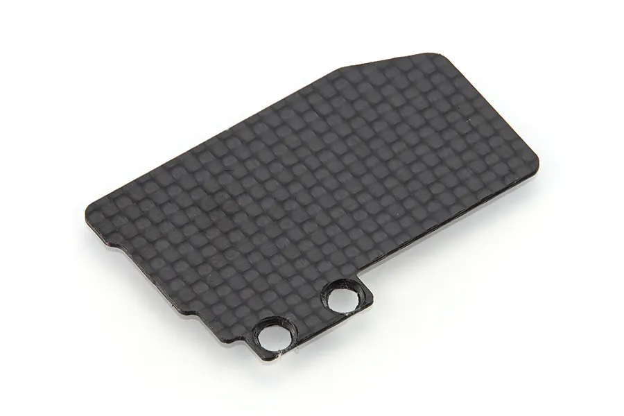 A small, rectangular carbon fibre electronics mounting plate with two circular mounting holes on one side, isolated on a white background.