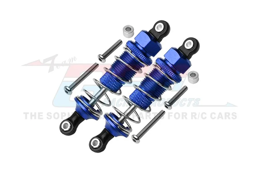 Two blue GPM Racing aluminium adjustable shock absorbers with mounting hardware on a white background.