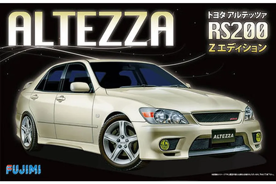 Fujimi 1/24 scale Toyota Altezza RS200 Z Edition plastic model kit box art showing a beige sedan against a black background.