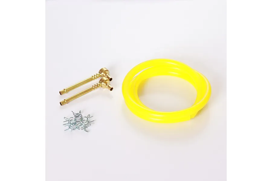 Fullforce RC high flow fuel line kit for HPI Baja including yellow tubing, two brass fuel fittings, and several metal spring clips on a white background.