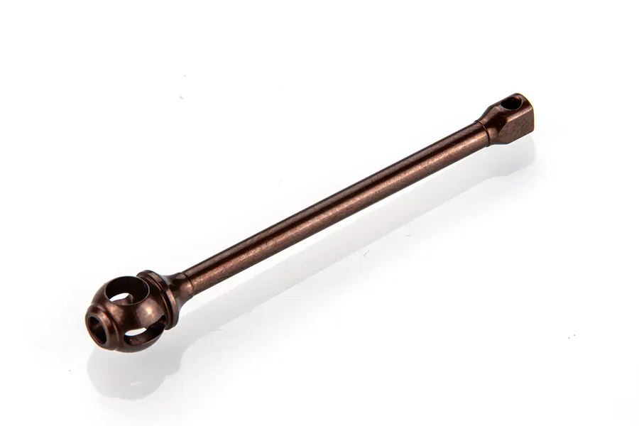 A bronze-coloured RC car front driveshaft component isolated on a white background.