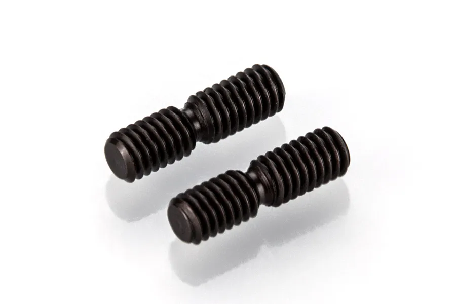 Two black steel M4 threaded adjuster screws for RC cars, shown against a white background.