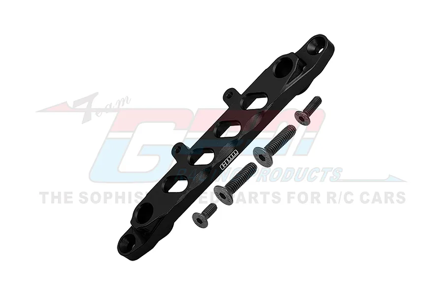 A black GPM Racing aluminium front chassis brace for an RC car, shown with four included mounting screws against a white background.