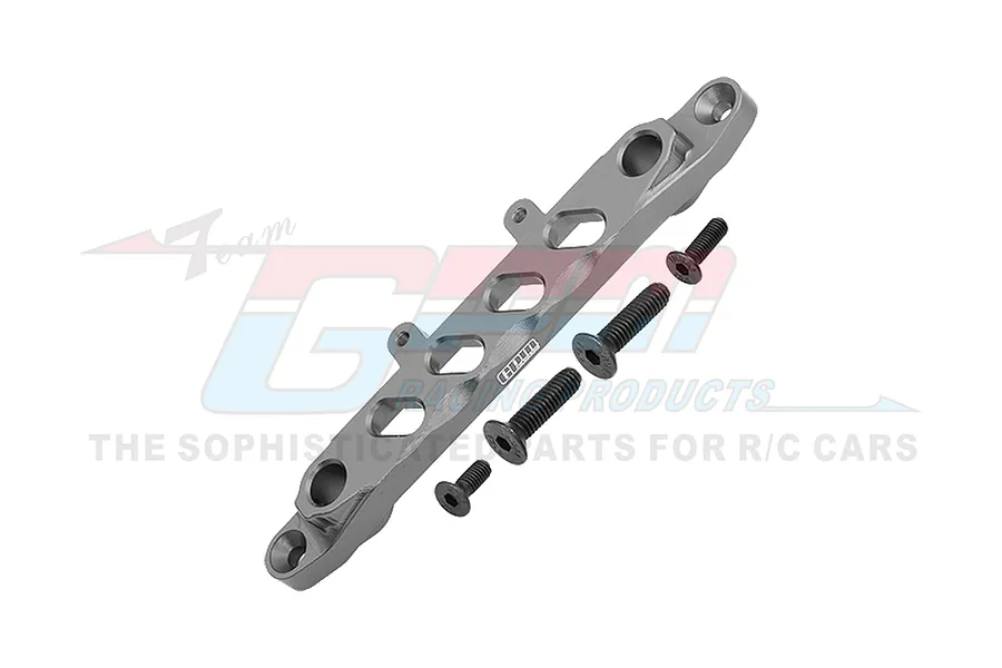 GPM Racing grey aluminium front chassis brace for RC cars with four included mounting screws, shown against a branded background.