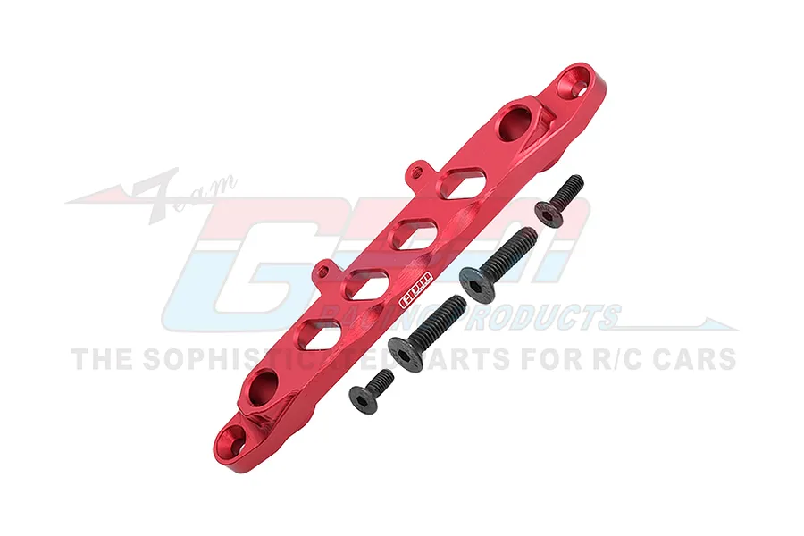 A red anodized aluminium front chassis brace for an RC car, shown with four black mounting screws against a branded white background.