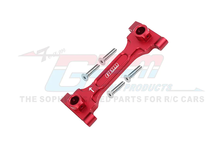 GPM Racing red anodized aluminium rear chassis brace for RC cars, shown with four included mounting screws against a white background.