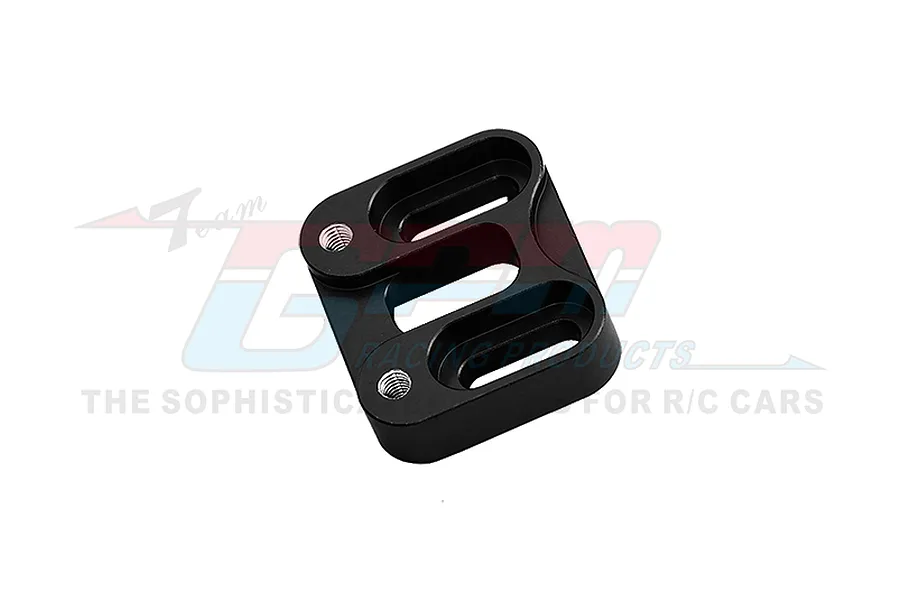 A black GPM Racing aluminium servo mount part for RC cars, shown from an angled top-down perspective against a white background.