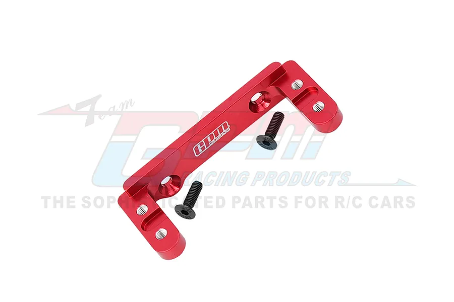 A red anodized aluminium GPM Racing servo mount for an RC car, shown with two black mounting screws against a branded background.