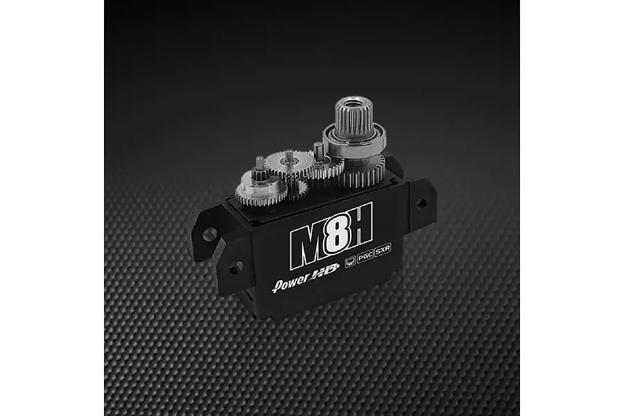 Power HD M8H micro servo with the top casing removed to reveal the internal metal gear train.